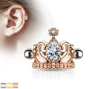 Acél fül piercing - királyi korona könnycseppel, fényes, gyöngyökkel díszített csengettyűvel - Szín: Ezüst