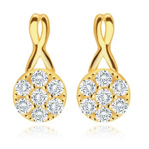 14K sárga arany gyémánt fülbevaló - kör alakú, átlátszó briliánsokkal, virág alakú