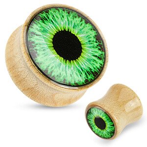 Fa fültágító - világosbarna szín, átlátszó mázzal, zöld szemmel - Vastagság: 12 mm
