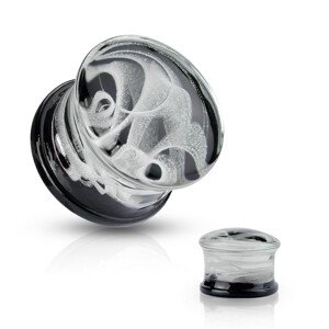 Pyrex üveg fültágító - fehér füstminta fekete kivitelben  - Vastagság: 8 mm