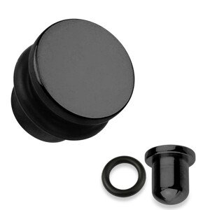 316L acél fültágító dugó fekete színben, fekete gumigyűrűvel, különböző szélességekben - Vastagság: 2 mm