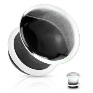 Fültágító dugó átlátszó üveg, domború forma fekete véggel, gumigyűrűvel - Vastagság: 6 mm