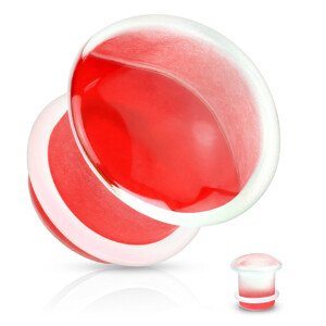 Fültágító dugó átlátszó üveg, domború forma piros véggel, gumigyűrűvel - Vastagság: 6 mm
