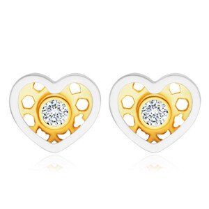 Fülbevaló 9K kombinált aranyból – szimmetrikus szív, kerek átlátszó cirkónia