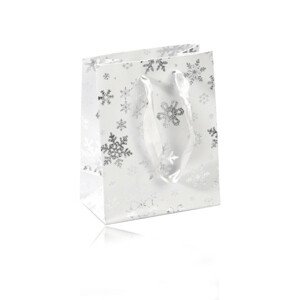 Fehér ajándék táska - téli motívum, ezüst színű hópelyhekkel, szalagok