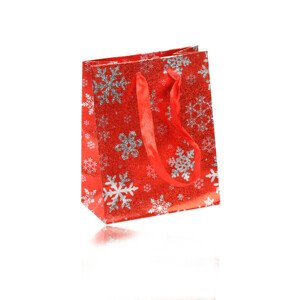 Piros ajándék táska - téli motívum, ezüst színű hópelyhek, szalagok