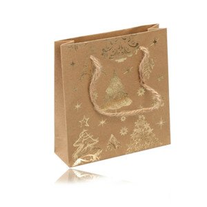 Papír ajándék táska - barna-arany színű, karácsonyi motívummal, zsinórral