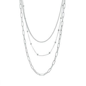 Acél nyaklánc ezüst színben - hármas lánc különböző mintákkal, gyöngyökkel