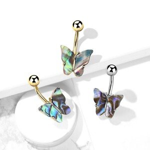 Acél köldökpiercing – szimmetrikus pillangó Abalone kagylóhéj,PVD máz - Szín: Arany