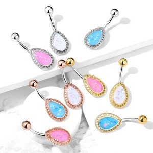Acél köldökpiercing – könnycsepp színes tükröződéssel, különböző variációk - A piercing színe: Ezüst - rózsaszín