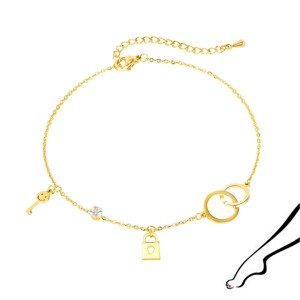 Acél bokalánc vagy karkarkötő, arany színben -  összefonódó gyűrűk, lakat, kulcs és cirkónia