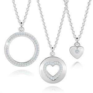 Három 925 ezüst nyakláncból álló szett- szívek, gyűrű, kerek cirkóniák