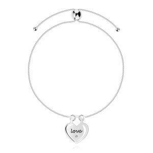 925 ezüst bokalánc - átlátszó gyémánt, szív, LOVE felirat