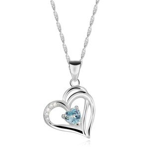 925 ezüst nyaklánc - aszimmetrikus szív a váll egy részével, világoskék szív cirkónia