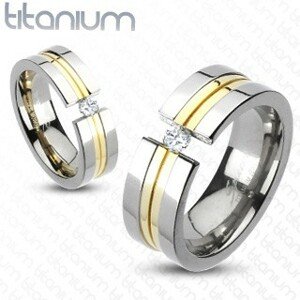 Titánium gyűrű - két arany csík, cirkónia - Nagyság: 54