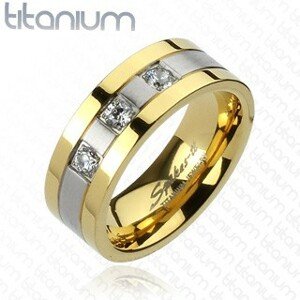 Titánium gyűrű - arany - ezüst, három cirkónia - Nagyság: 61