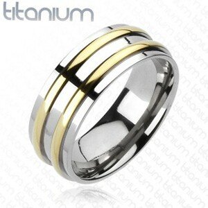 Titánium karikagyűrű - ezüst, két arany sávval - Nagyság: 67
