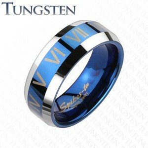 Tungsten gyűrű - kék - ezüst, római számok - Nagyság: 60