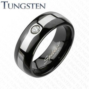 Tungsten fekete gyűrű - ezüst szegély, cirkónia - Nagyság: 68