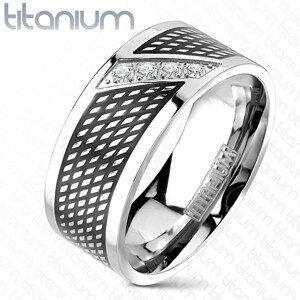 Titánium gyűrű, fekete - ezüst szín, cirkóniaköves átlós vonal - Nagyság: 60