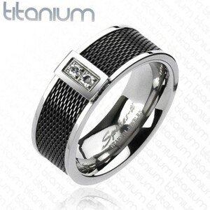 Titánium gyűrű - fekete hálós minta, két áttetsző cirkónia - Nagyság: 59