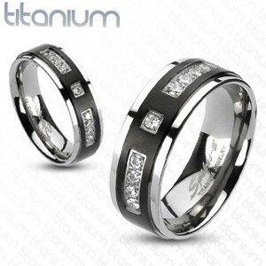 Gyűrű titániumból - matt fekete sáv, beágyazott kövek - Nagyság: 53