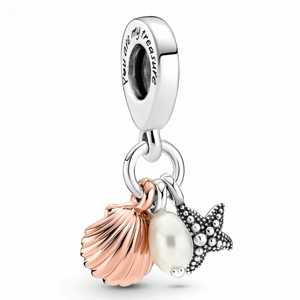 PANDORA Édesvízi tenyésztett gyöngy, tengeri csillag és kagyló tripla függő charm